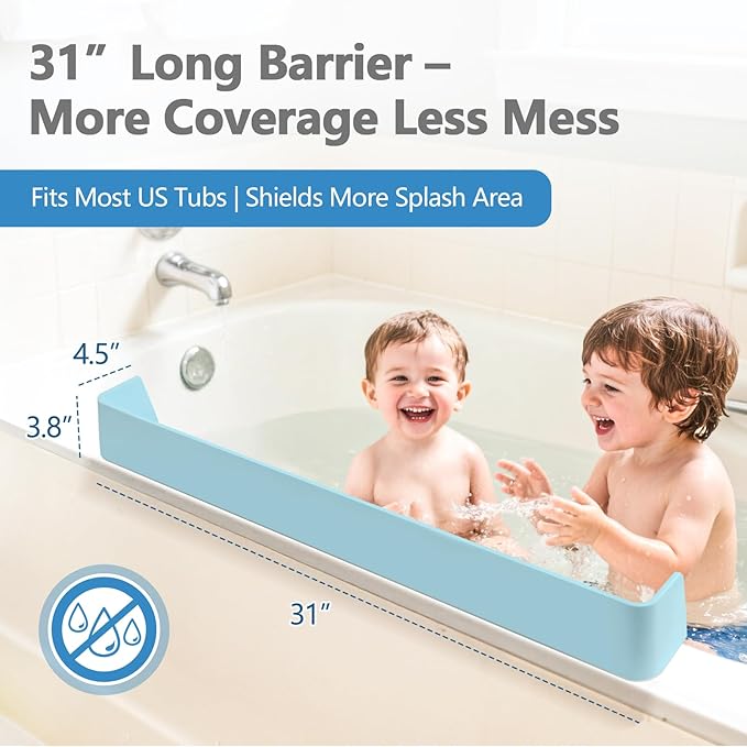 2.6-Ft Bathtub Splash Guard for Tub Kids, Silicone Splash Shield with 11 Suction Cups, Toy Tray Shelf, No Spill Water Barrier, Prevents Mess, Fun Bathtime for Toddlers Baby–Blue
