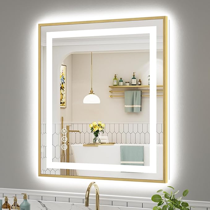 36x30 Inch LED Bathroom Mirror with Gold Frame, Backlit & Front Lit, Anti-Fog Lighted Bathroom Vanity Mirror for Wall, Memory Function, Dimmable, HD Tempered Glass, Shatter-Proof
