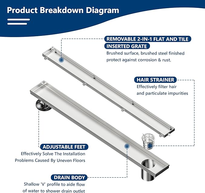 Neodrain 28-Inch Offset Linear Shower Drain with Tile Insert Grate Cover, Brushed 304 Stainless Steel Rectangle Side Outlet Shower Floor Drain, Adjustable Leveling Foot, Hair Strainer/Catcher
