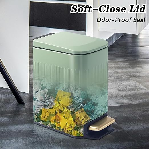 Soddeph Small Narrow Bathroom Trash Can with Lid Bathroom,1.6 Gallon Stainless Steel Wastebasket with Lid Soft Close,Slim Trash Can with Removable Inner Bucket for Toilet, Bedroom,Office (Green)