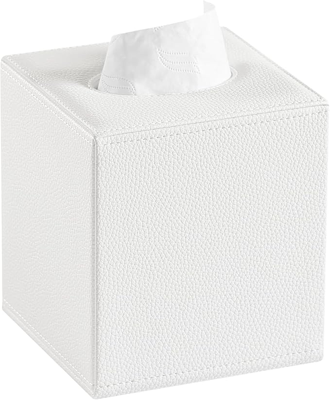 PU Leather Tissue Box Cover Square Tissue Box Holder with Magnetic Closure, Decorative Tissue Holder for Bathroom Bedroom Office (White)