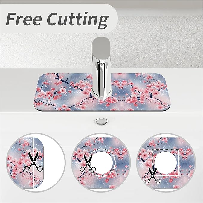 Faucet Draining Mat For Kitchen Sink, Japanese Pink Cherry Blossoms Diatom Mud Absorbent Drain Pad For Bathroom Kitchen Sink Splash Guard Drying Mat