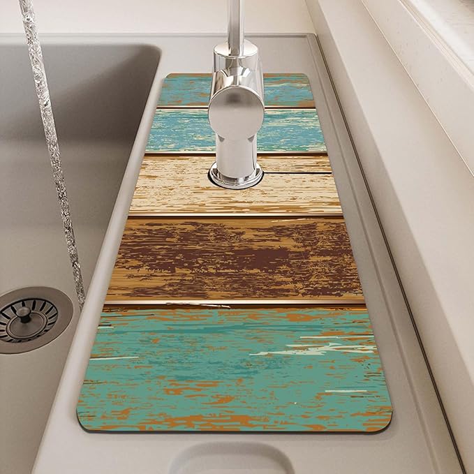 MCALK Wood Pattern Teal Kitchen Sink Faucet Mat Splash Guard, Absorbent Quick-Dry Kitchen Sink Mat - Ideal for Splash Guard & Drip Catching with Farmhouse Art Decor( 1pc 15"x5.5")