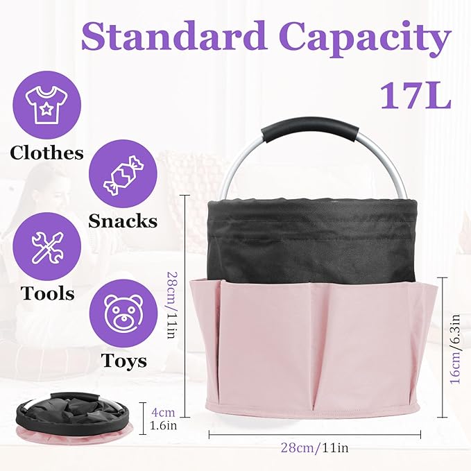 17L Cleaning Supply Caddy for Family, Portable Shower Caddy with Handle and 6 Pockets, Foldable Tool Bucket Organizer, Large Storage Basket for Camping, Gardening, Black with Pink