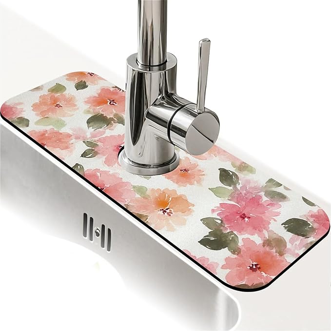 Kitchen Sink Splash Guard，Soft watercolor flowers Faucet Mat Sink Gadgets-Super Absorbent Fast Drying Mat Drip Catcher for Kitchen, Bathroom,Sink Mat, Dish Drying Mat, Bathroom(15" X 5.5" )