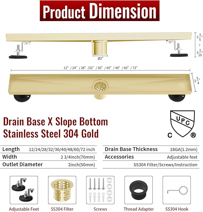 28 Inch Linear Shower Drain, Brushed Gold Shower Drain, Removable Grate, 304 Stainless Steel, Easy to Install and Clean for Bathrooms (Drain Base Not Included), LSD-30A-28G