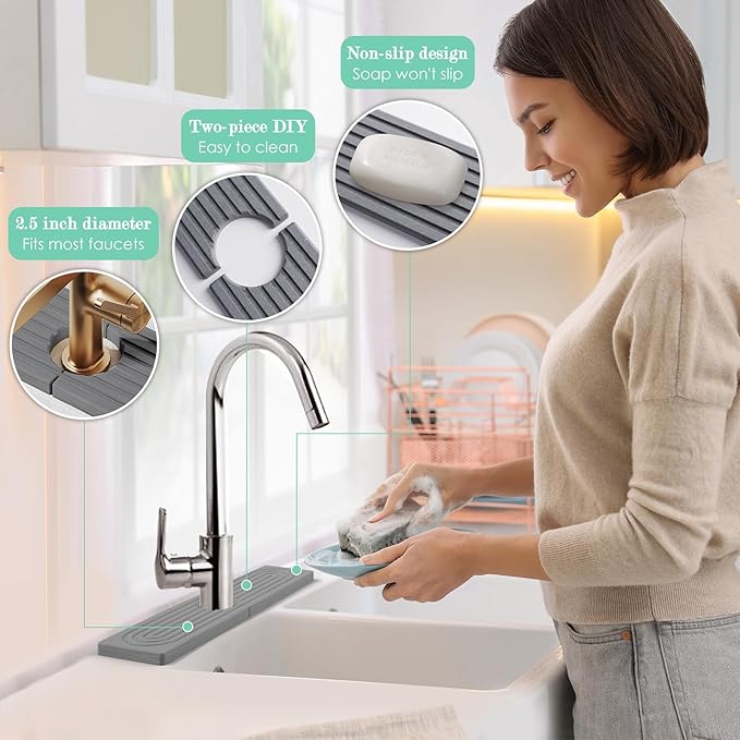 15.7'' Long Stone Faucet Mat for Kitchen Sink-Diatomite Quick Dry Kitchen Sink Splash Guard,Super Absorbent,Drying Stone Sink Tray,Sink Stone Quick Dry Around Faucet For Bathroom Counter (Dark Gray)