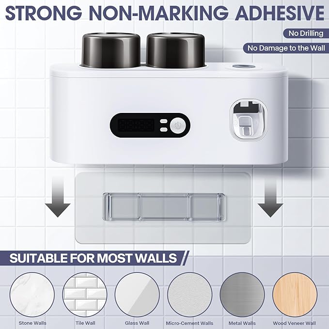 Toothbrush Holders Cleaner & Dryer for Bathroom,LXIANGN Smart Wall Mounted Toothbrush Holders with Countdown LED Screen,5 Toothbrush Slots,2 Cups and Toothpaste Dispenser (White)