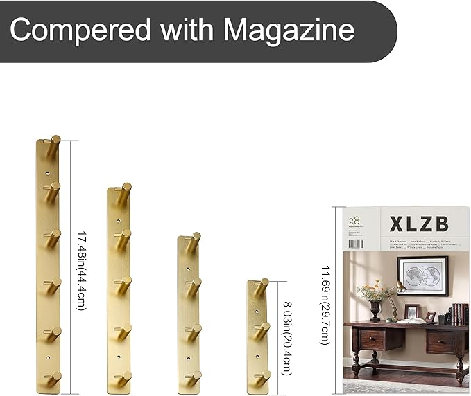 Adhesive Bathroom Gold Hook Rail, 4 Brushed Gold Wall Key Hooks Rack Hanger Towel Robe Stick Door Hooks for Bathroom Toilet Entryway Hallway Kitchen Wall Mounted