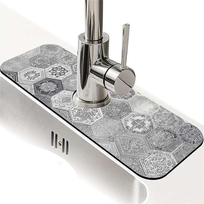 Kitchen Sink Splash Guard，Retro hexagonal tiles Faucet Mat Sink Gadgets-Super Absorbent Fast Drying Mat Drip Catcher for Kitchen, Bathroom,Sink Mat, Dish Drying Mat, Bathroom(15" X 5.5" )