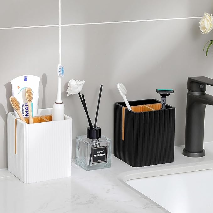 rejomiik Toothbrush Holders for Bathrooms Countertop, 3 Slots Electric Tooth Brushing and Toothpaste Storage Organizer Stand for Toiletries and Beauty Accessories, Black