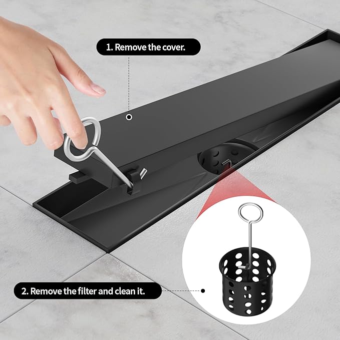 Linear Shower Drain, 304 Stainless Steel with Adjustable Leveling Feet, Hair Strainer,Reversely Install Place to Create an Invisible Floor Drain - Black -48-Inch