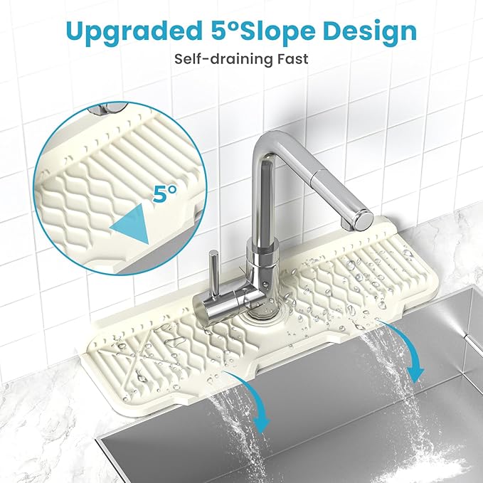 Silicone Faucet Mat Splash Guard, Sink Protectors for kitchen Faucet Mat, 17.1 x 5.9 Inch, Sink Splash Guard Behind the Faucet, Keep Kitchen and Bathroom Sinks Dry (Beige B)