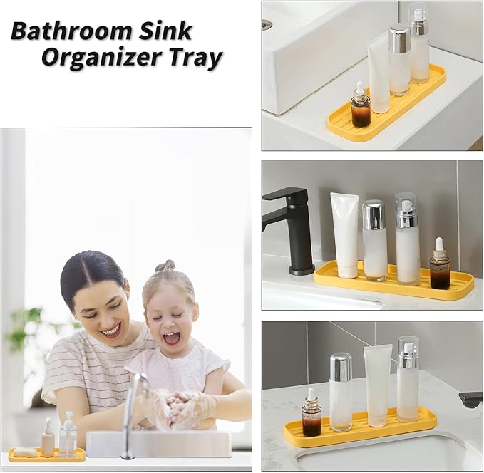 Silicone Kitchen Sink Organizer Tray for Multiple Usage,Easy Clean,Eco-Friendly Sponges Holder for Kitchen Bathroom Counter or Sink,Dish Soap Dispenser,Scrubber,Bottle,Cup Yellow 12" x 4”