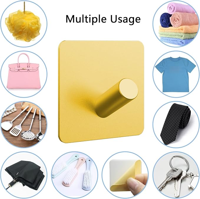 PMMASTO Self-Adhesive Towel Hooks - Sticky Heavy Duty Wall Robe Coat Hook for Hanging- Shower Hooks (Gold, “/ ”Shape 6PC)