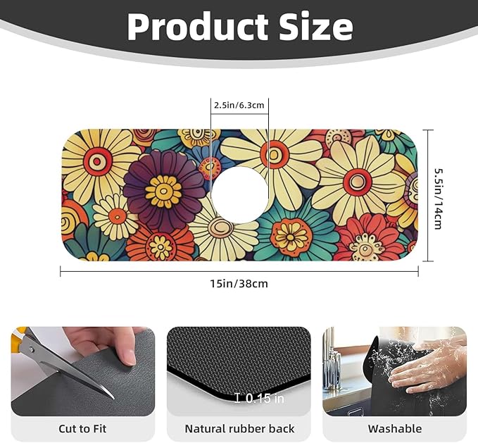 Kitchen Faucet Mat 15 x 5.5 Inch Abstract retro flower Faucet Draining Mat Farmhouse Absorbent Drying Mat Sink Splash Guard Behind Faucet Drip Catcher for Kitchen Bathroom