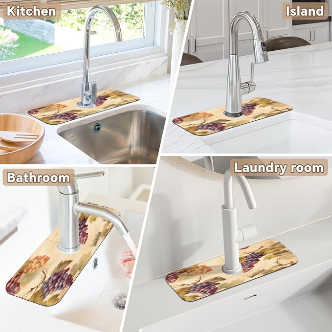 Vintage Grape Kitchen Faucet Mat Splash Guard, 15.4”x5.7” Absorbent Quick Drying Sink Mat for Countertop Protection, Draining Mat Sink Protectors For Kitchen Bathroom, 2 Pack
