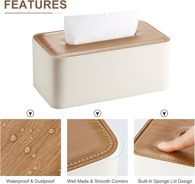 KINGFOM Tissue Box Cover, PU Leather Tissue Box Holder Rectangular, Modern Facial Tissue Paper Napkin Dispenser for Bathroom, Home, Office, Car Automotive Decoration with Magnetic Lid Light Beige