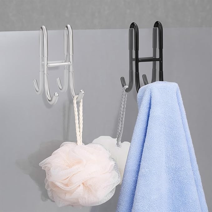 2 Pack Double-Sided Towel Hooks for Shower Door, 304 Stainless Steel, Over Bathroom Frameless Glass Door Rack Hooks for Loofah Robe Shaver, Black