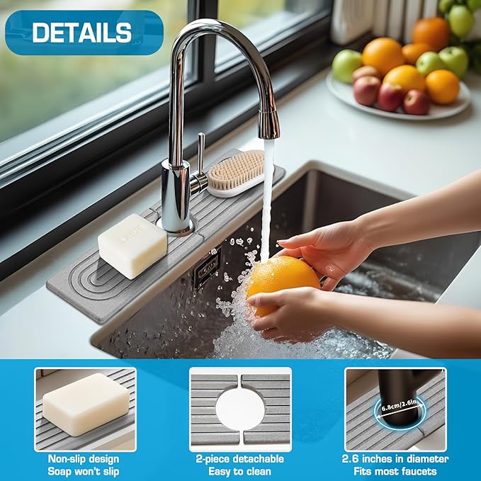 Light Gray-Rectangle 15.7" Diatomite Faucet Mat Fast-Drying Stone Sink Tray Splash Guard for Kitchen Bathroom Sink|Ultra Absorbent Countertop Protector with Smoothing Tool Multiple