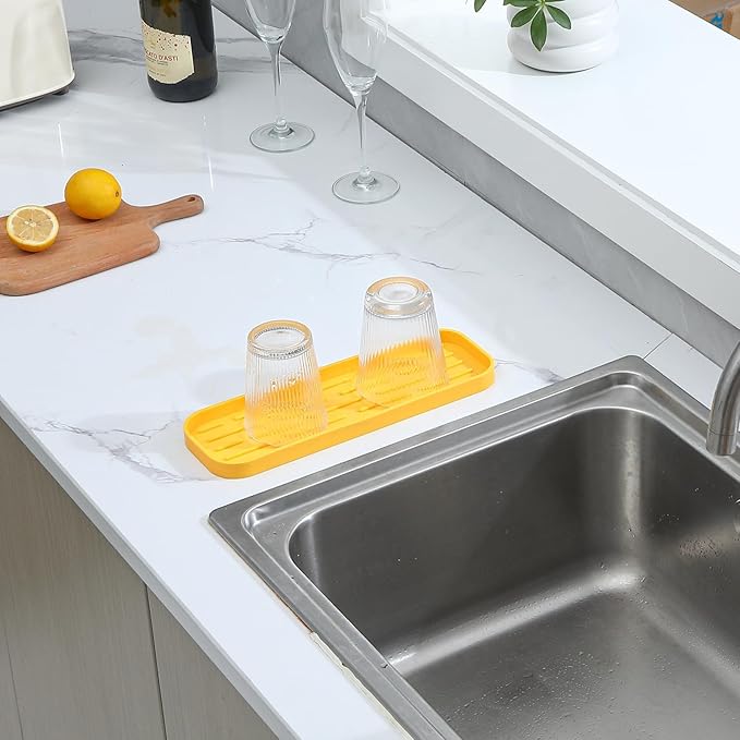 Silicone Kitchen Sink Organizer Tray for Multiple Usage,Easy Clean,Eco-Friendly Sponges Holder for Kitchen Bathroom Counter or Sink,Dish Soap Dispenser,Scrubber,Bottle,Cup Yellow 12" x 4”