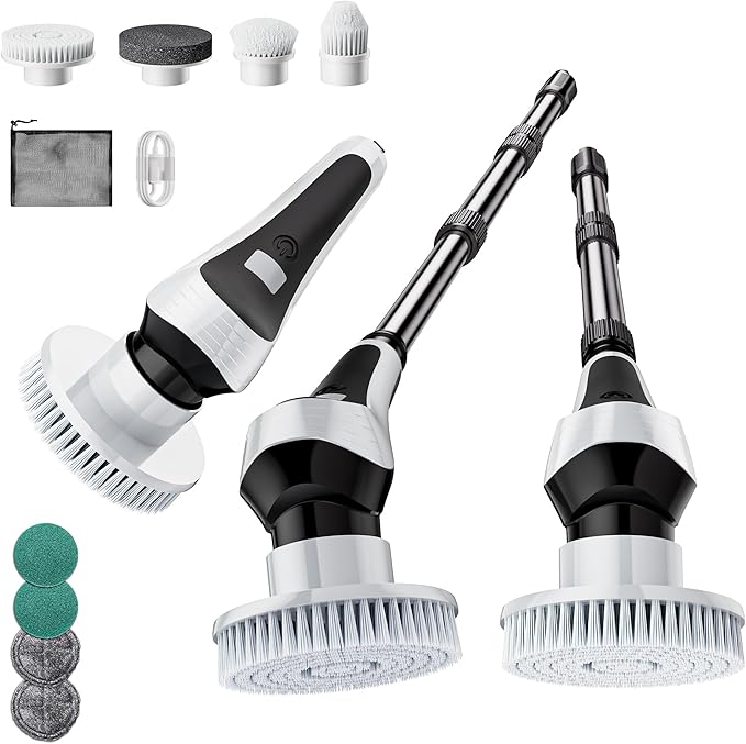 Electric Spin Scrubber,Cordless Cleaning Brush with Power Display Screen,IP68 Waterproof Shower Cleaning Brush with 8 Replaceable Brush Heads,Adjustable & Detachable Handle and 2 Adjustable Speeds