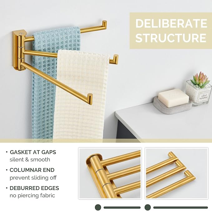 Angle Simple Swivel Hand Towel Rack, SUS 304 Stainless Steel Foldable 3 Towel Holder Bars for Bathroom Kitchen, Brushed Dark Gold