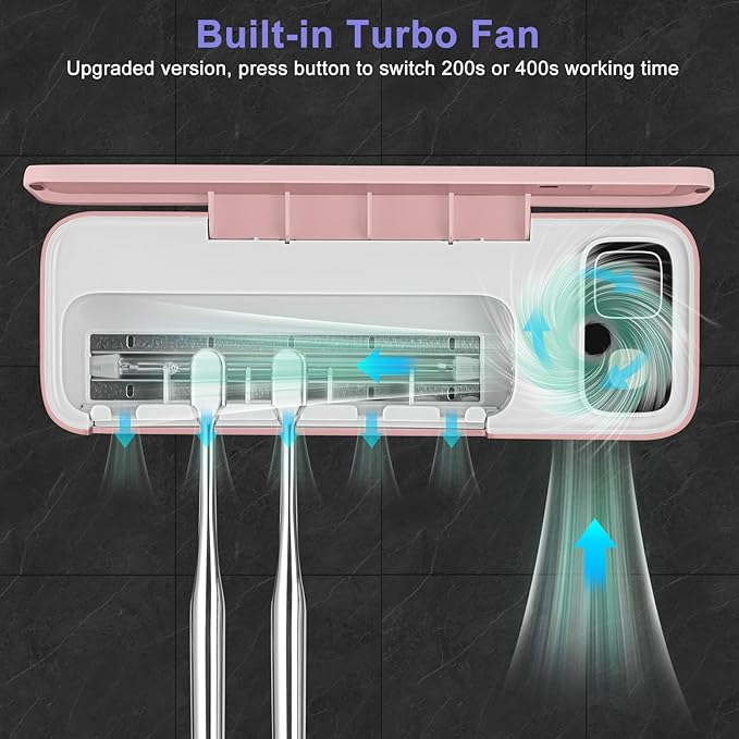 Toothbrush San itizer Holders Wall Toothbrush San itizer Holder with Light, 5 Slots Toothbrush Holder Rechargeable Toothbrush Cleaner Case Cover Toothbrush Holder with Air Dry for Bathroom (Pink)