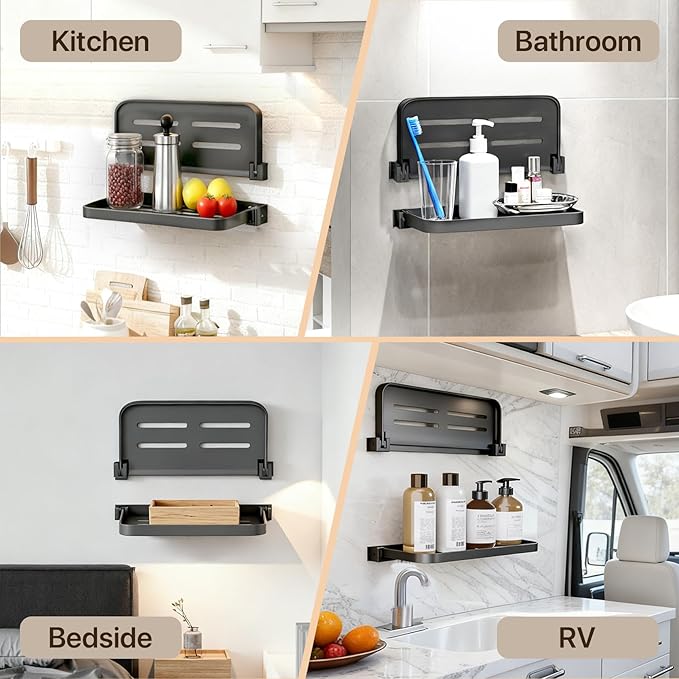 Aluminum RV Shelves, Wall-Mounted Foldable Shelf 90° Space-Saving Grey Floating Shelves for Bathroom Wall, No Drill Furniture for Motor Homes 1 Pack