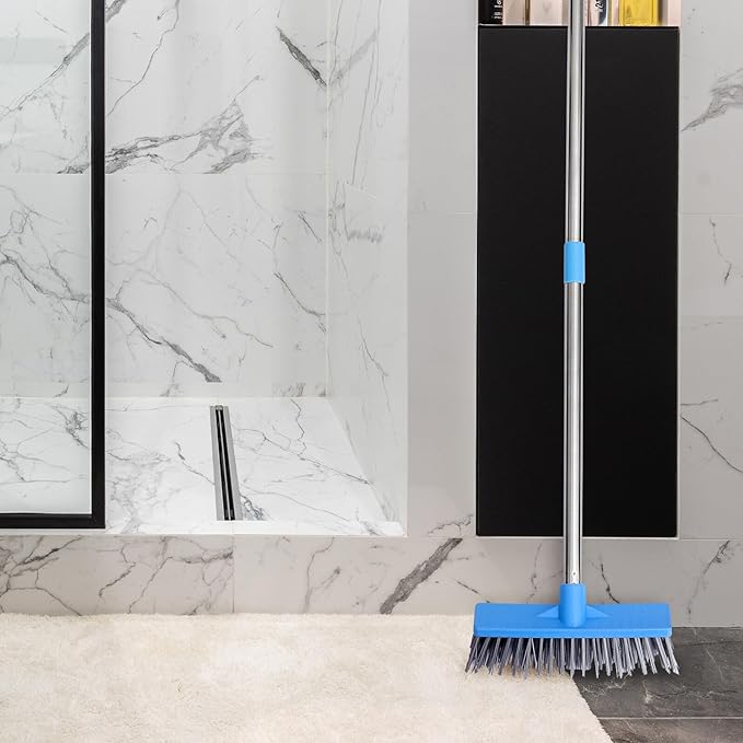 Wide Floor Cleaning Brush with Long Stainless Steel Handle Hard Plastic Bristles for Tile Bathroom Kitchen and Home Floors Ergonomic Design for Grout and Surface Scrubbing in Blue