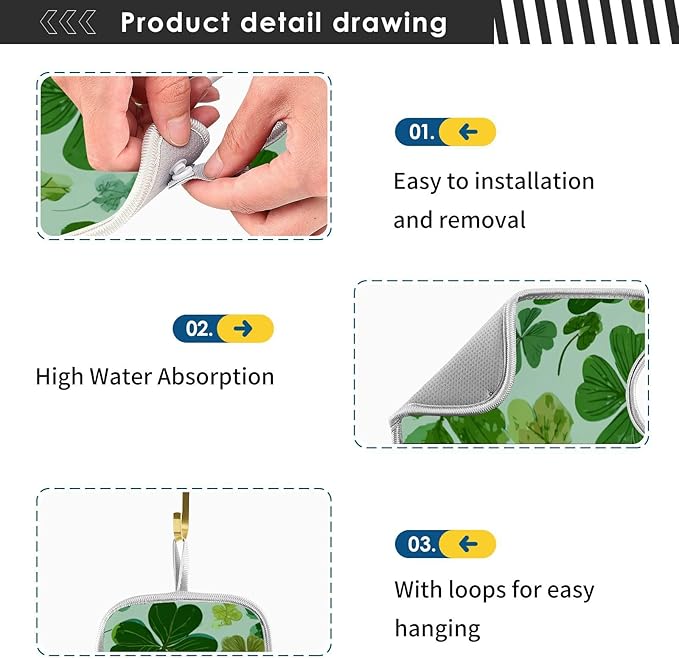 2 PCS Kitchen Sink Splash Guard 14.9 Inch Faucet Mat for Kitchen Sink Bathroom Sink Faucet Absorbing Drip Drain Mat Pad Microfiber Soft Washable Green St Patrick Clovers