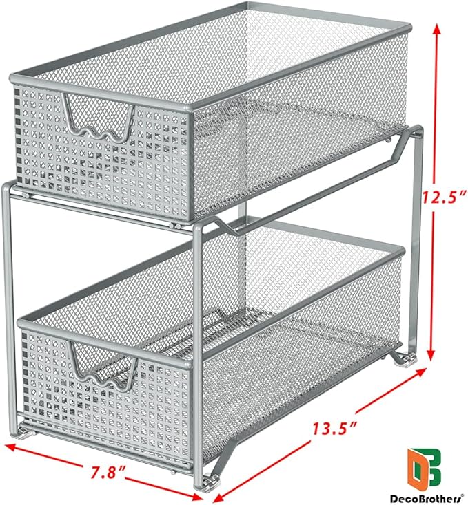 DecoBrothers 2 Tier Bathroom Storage Organizer with Pull-Out Drawer, Silver