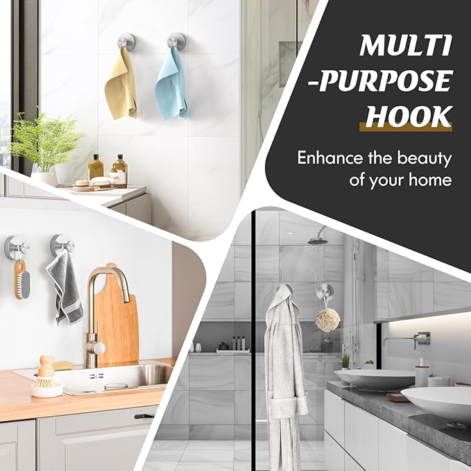 Suction Cup Hooks for Shower,Removable Shower Towel Suction Hooks for Bathroom Wall,Kitchen,Glass,Mirror,Tile to Hang Robes,Loofah-Silver(2-Pack)