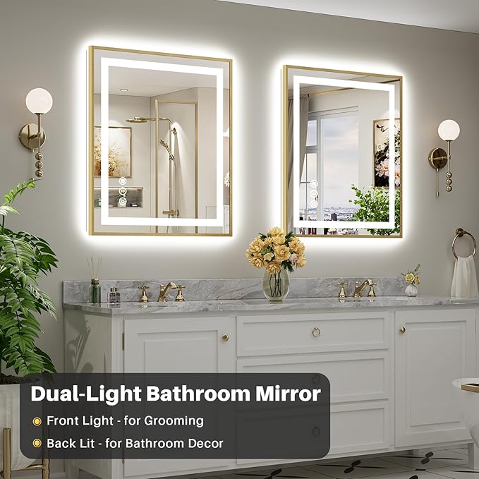 36x30 Inch LED Bathroom Mirror with Gold Frame, Backlit & Front Lit, Anti-Fog Lighted Bathroom Vanity Mirror for Wall, Memory Function, Dimmable, HD Tempered Glass, Shatter-Proof