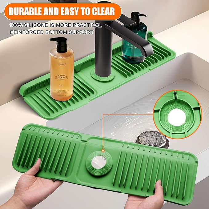 Green 24" Button Style Faucet Drip Catcher – Silicone Faucet Mat for Kitchen Sink, Leak-Proof Splash Guard with 6° Slope | Behind Faucet Draining Mat Easy Gadgets for Bathroom Kitchen Countertops