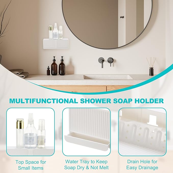uxcell Soap Holder with Hook, 10 x 3.94 Inches Double Grid Wall Mounted No Drill Soap Dish for Shower, Bathroom & Kitchen - Self Draining Design Keeps Soap Dry (Khaki)