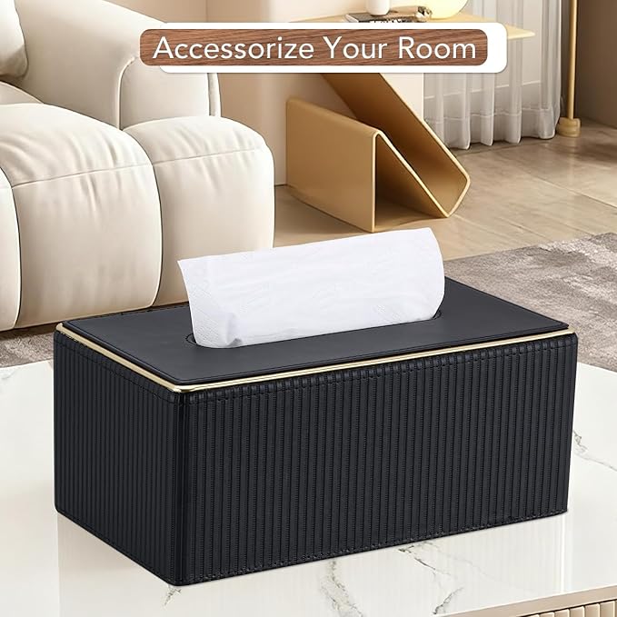 GORESE PU Leather Tissue Box Cover for Kleenex, Rectangle Tissue Box Holder, Rectangular Decorative Tissue Holder for 120(3-Ply)/160(2-Ply) Tissue Box, Black