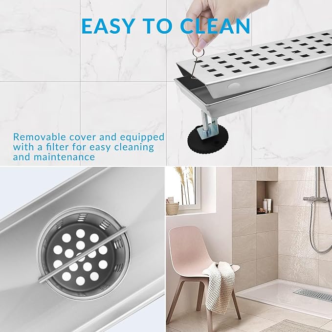 12 Inch Removable Cover Linear Shower Drain 304 Stainless Steel Rectangular Floor Drain for Kitchen Bathroom Square Hole Pattern Drain with Accessories Hair Strainer Adjustable Leveling Feet (Silver)