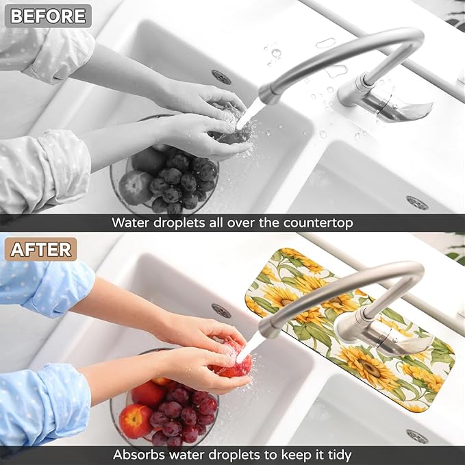 Sunflower Field Kitchen Faucet Mat Splash Guard, 15.4”x5.7” Absorbent Quick Drying Sink Mat for Countertop Protection, Draining Mat Sink Protectors For Kitchen Bathroom, 2 Pack