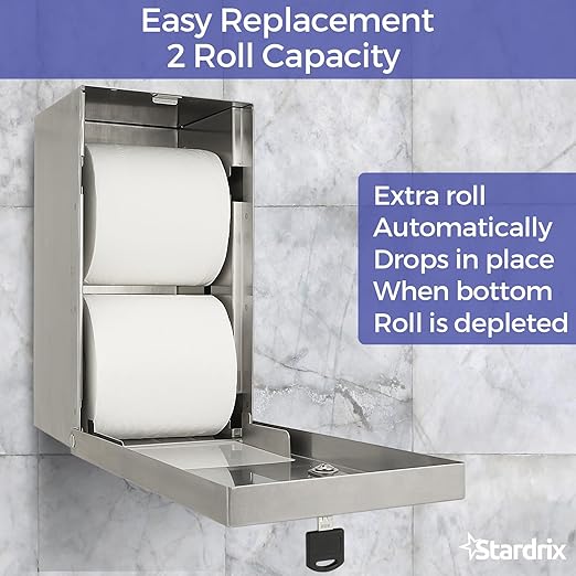2 Roll Stainless Steel Commercial Toilet Paper Dispenser, Heavy Duty Wall Mount Tissue Holder with Lock for Restroom/Bathroom