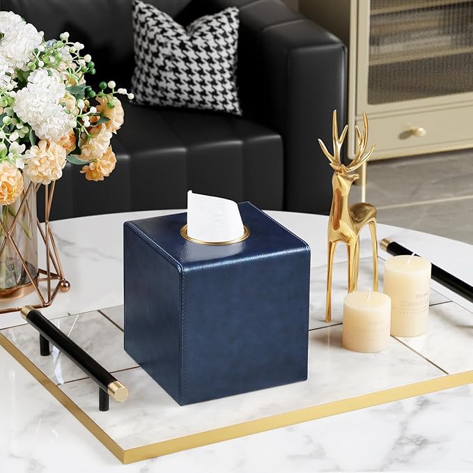 Square Tissue Box Cover, Luxury PU Leather Tissue Holder with Magnetic Closure (Navy Blue)