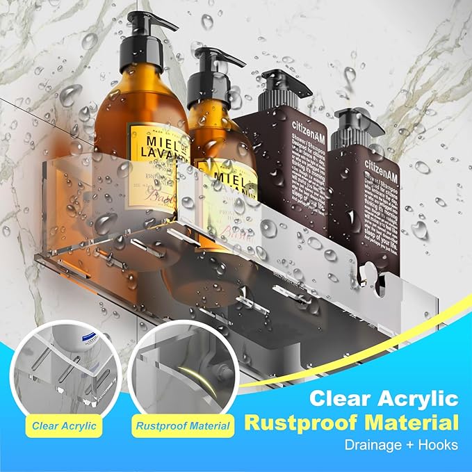 Acrylic Shower shelves 3 Pack,Adhesive Shower Organizer for Bathroom Storage Home Decor,No Drilling,Transparent Organizer,Shower Caddy for Inside Shower