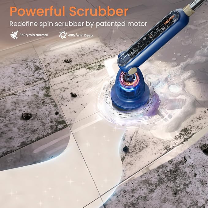 Electric Spin Scrubber 16 in 1 Cleaning Brush with Adjustable Angles & Heads, Bathroom Power Scrubber with Extendable Handle, Interactive LED, Cleaning Supplies for Toilet,Kitchen,Shower-Blue