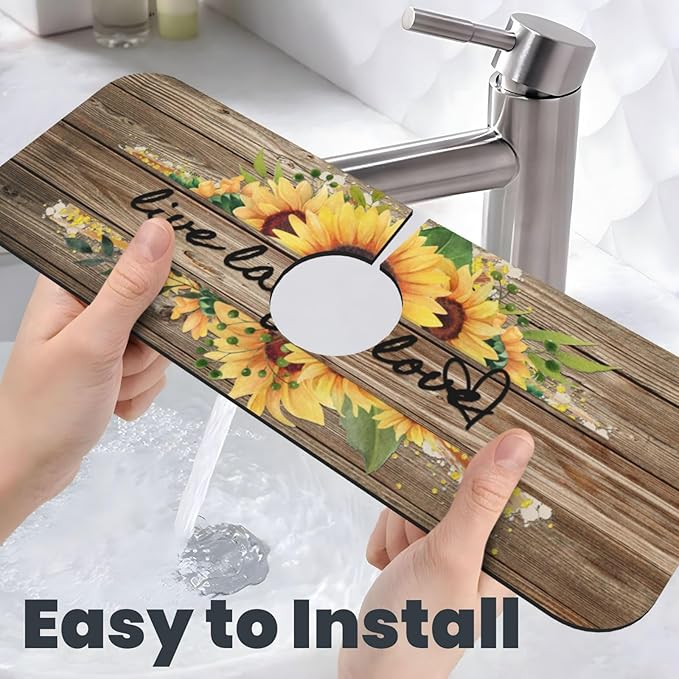 Sunflower On Board Rustic Yellow Summer Fall Live Laugh Love Kitchen Sink Splash Guard Faucet Mat 1 Pcs, Absorbent Fast Drying Mat Gadgets Splash Guard For Bathroom 15 X 5.5 Inches
