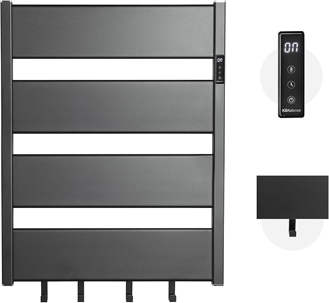 K&KALONZO Towel Warmer for Bathroom, Wall-Mounted Heated Towel Rack with Built-in Timer, Waterproof Alumnimum Electric Towel Heater, Support Plug-in and Hardwired, Black, H4-B