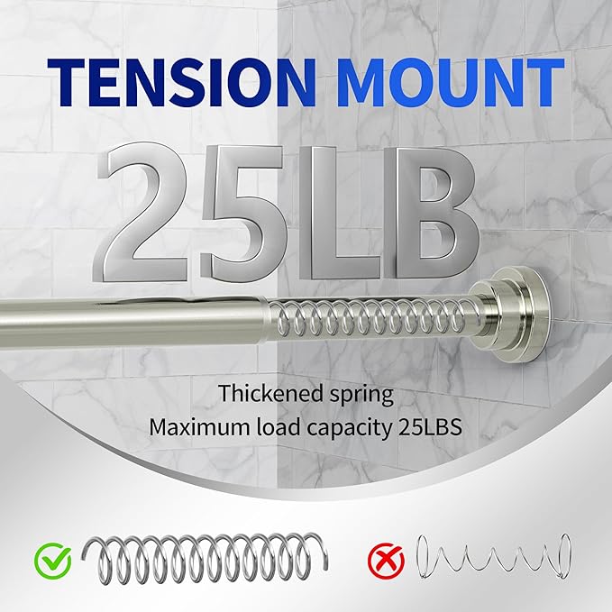 Shower Curtain Rod, 1" Diameter Heavy Duty Tension Shower Rod, Non Slip Adjustable 28-102 inch No Drill Shower Curtain Rods Spring Tension For Bathroom, Shower Stall, No Rust, Brushed Nickel