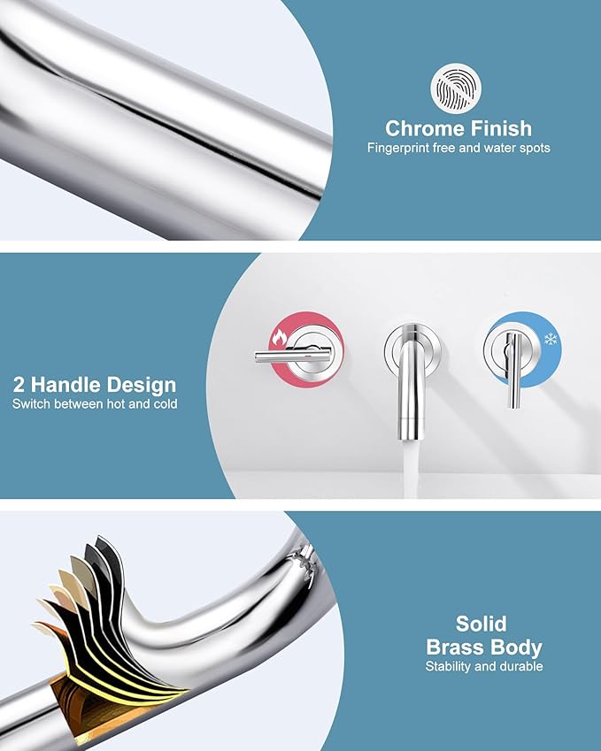 WOWOW Wall Mount Bathroom Faucet:Chrome Wall Faucet High Flow Two Handles Stainless Steels,Long Spout Reach,Widespread Bathroom Sink Faucet with Rough-in Valve 3 Holes Elegant Classic Spout