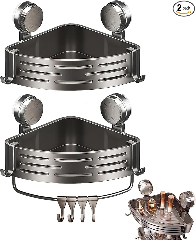2-Tier Suction Cup Shower Caddy,No Drilling Required,Shower Suction Shelf,For Kitchen, Bathroom,Storage Rack With 8 Hooks And 1 Towel Bar Gray