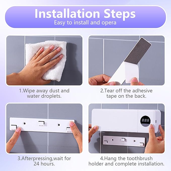 Wall Mounted Toothbrush Holder,UV Toothbrush Holders,No Drilling Wall Mounted Toothbrush Sanitizer Cleaner 4 Slots,Fan Drying Smart & 360s Timer Function for Smart Home Bathroom Accessories.