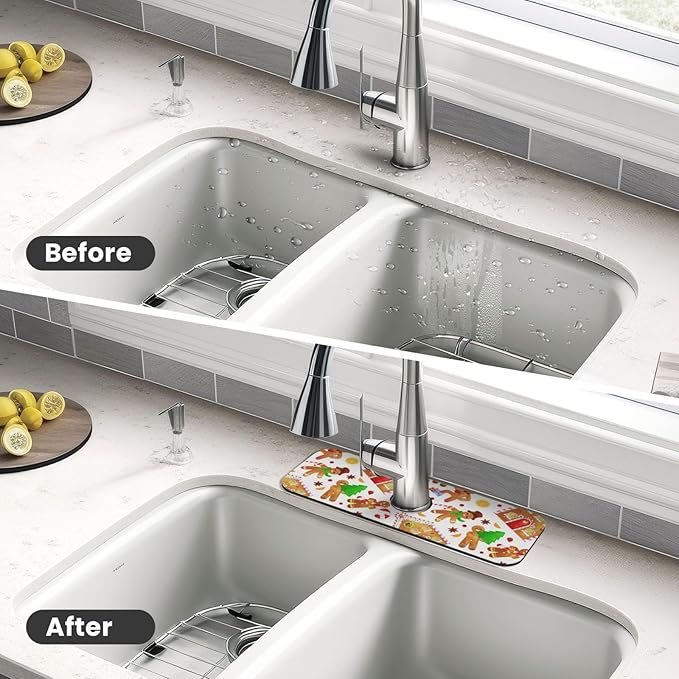 Christmas House Gingerbread Man Furits Kitchen Sink Splash Guard Faucet Mat 1 Pcs, Absorbent Fast Drying Mat Gadgets Splash Guard For Bathroom 15 X 5.5 Inches